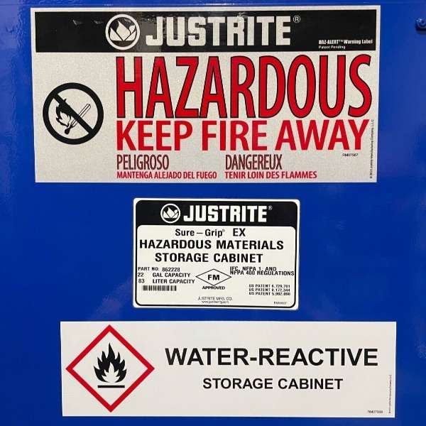 Justrite Hazardous Material Cabinet 22 Gallon 3 Shelf Single Door Blue Cabinet