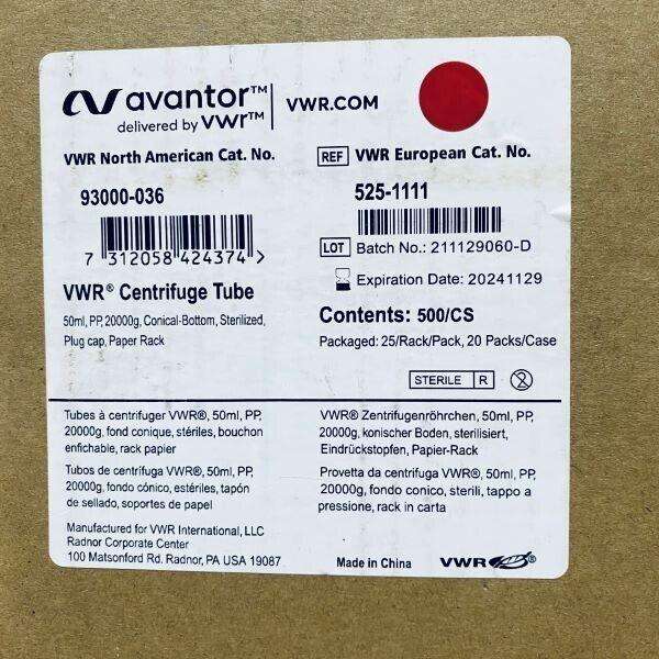 VWR Centrifuge Tube 50 ml Plug Cap 20000 g Case of 500 Conical Tubes