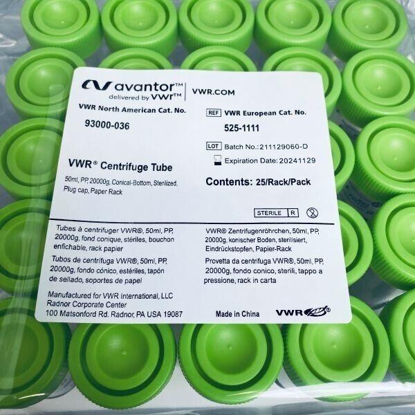 VWR Centrifuge Tube 50 ml Plug Cap 20000 g Case of 500 Conical Tubes