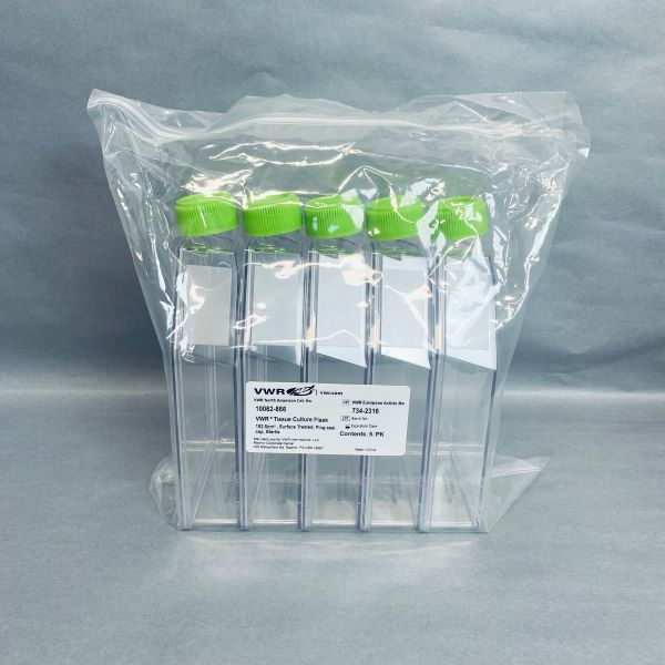 VWR Culture Flask 182.5 cm2 with Plug Seal Cap PS Sterile 8 packs of 5 - Total of 40 Flasks