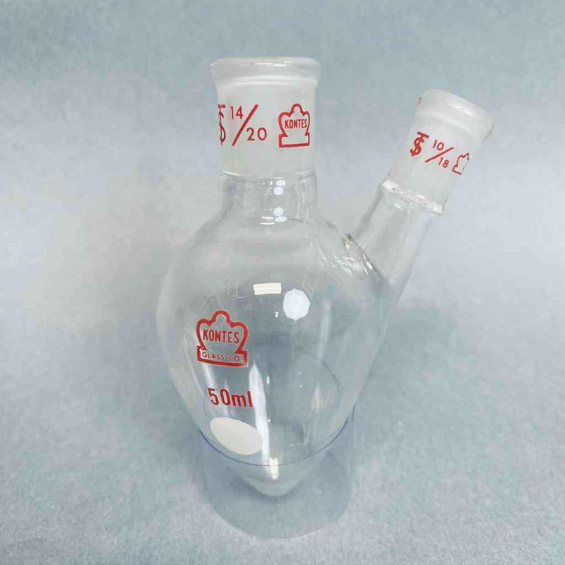 Kontes Pear Shaped Flask 2-Neck 50 ml Heavy Wall CN-14/20 SN-10/18 - Lot of 2 Flasks