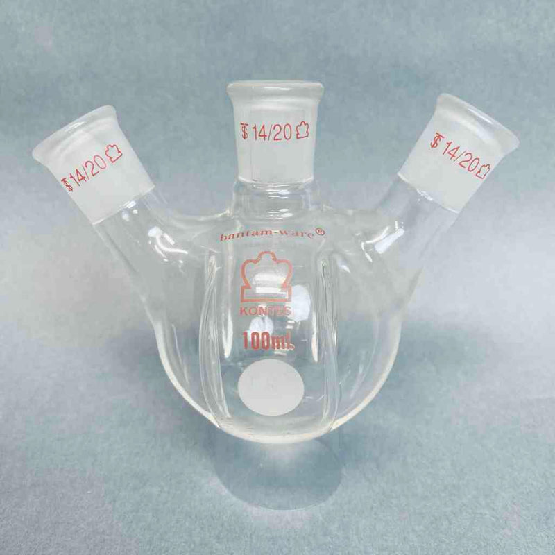 Kontes Round Bottom Flask 100 ml 3-Neck 14/20 Joints Angled with Morton Indents