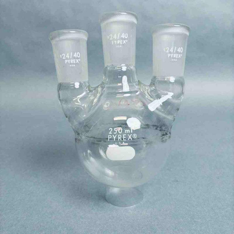 PYREX 250 ml Round Bottom Flask Vertical 3-Neck 24/40 Outer Joint - Lot of 2 Flasks