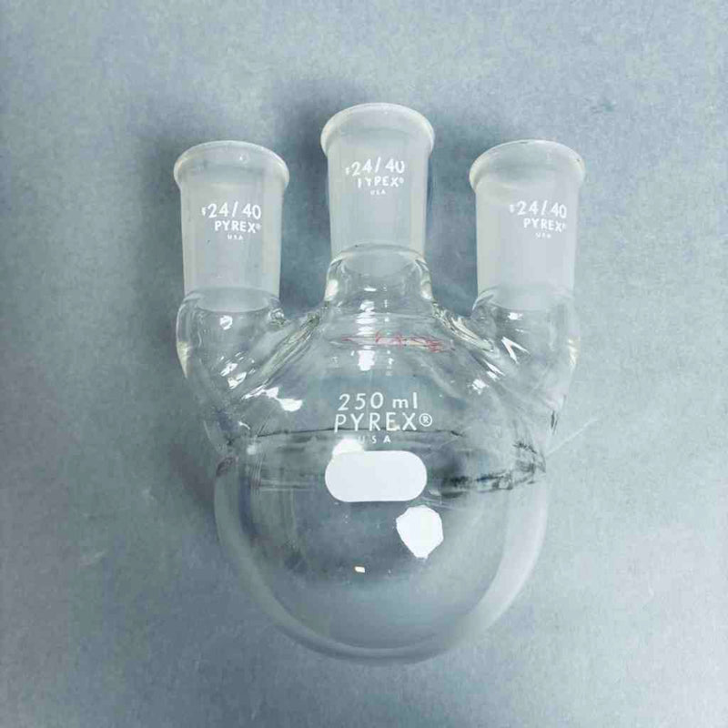 PYREX 250 ml Round Bottom Flask Vertical 3-Neck 24/40 Outer Joint - Lot of 2 Flasks