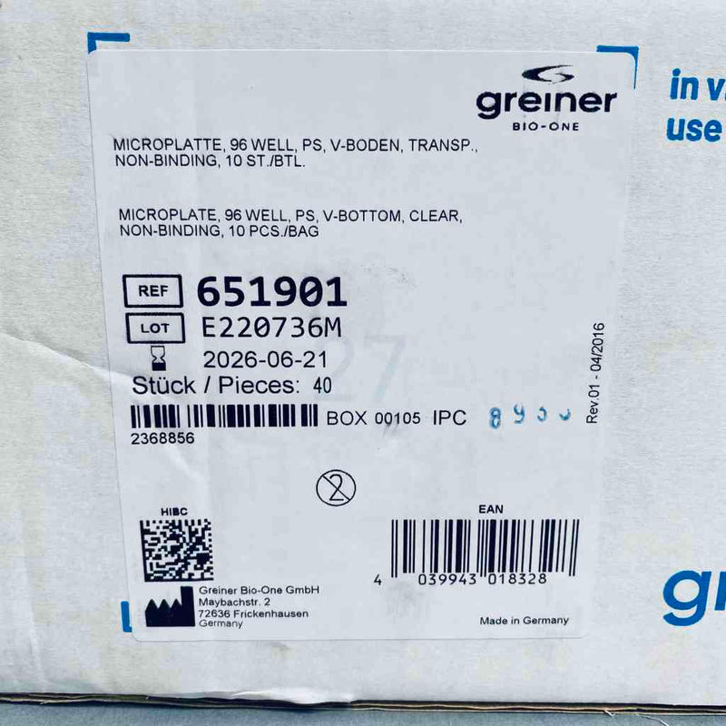 Microplaca Greiner Bio-One de 96 pocillos con fondo en V y 20 placas 651901
