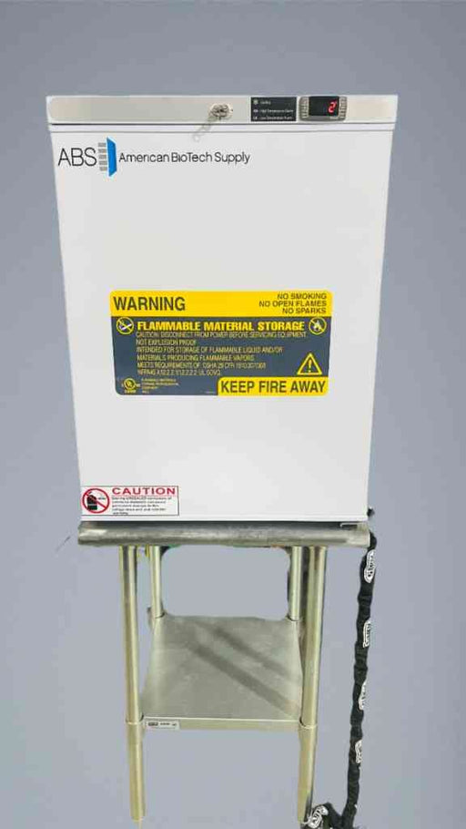 American BioTech Supply Flammable Storage 4°C Refrigerator; attached to included steel bench-level table. Lab Freezers & Refrigerators American Biotech Supply