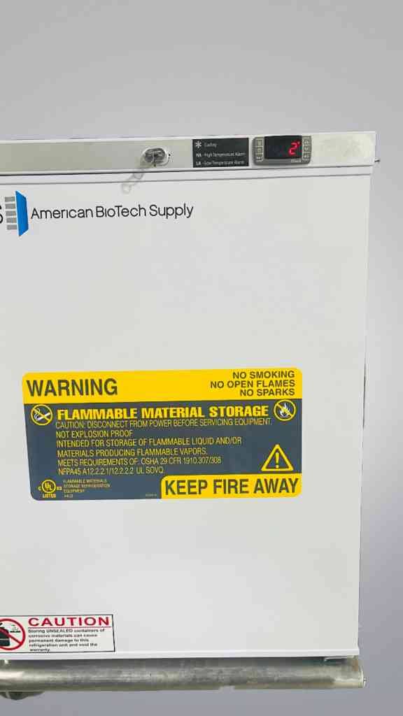 American BioTech Supply Flammable Storage 4°C Refrigerator; attached to included steel bench-level table. Lab Freezers & Refrigerators American Biotech Supply