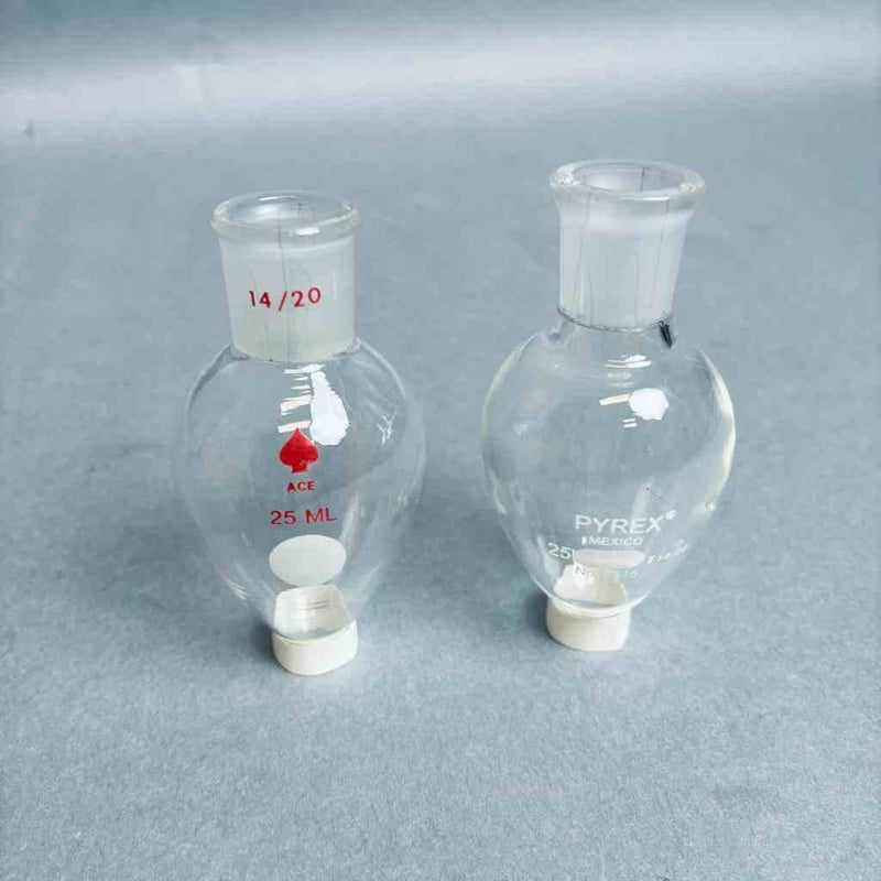Assorted Ace 947764 Pyrex 4315-25 Pear-Shaped Flasks 25 ml 14/20 Outer Joint - Lot of 8 Flasks Jointed Glassware Ace Glass