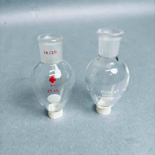 Assorted Ace 947764 Pyrex 4315-25 Pear-Shaped Flasks 25 ml 14/20 Outer Joint - Lot of 8 Flasks Jointed Glassware Ace Glass