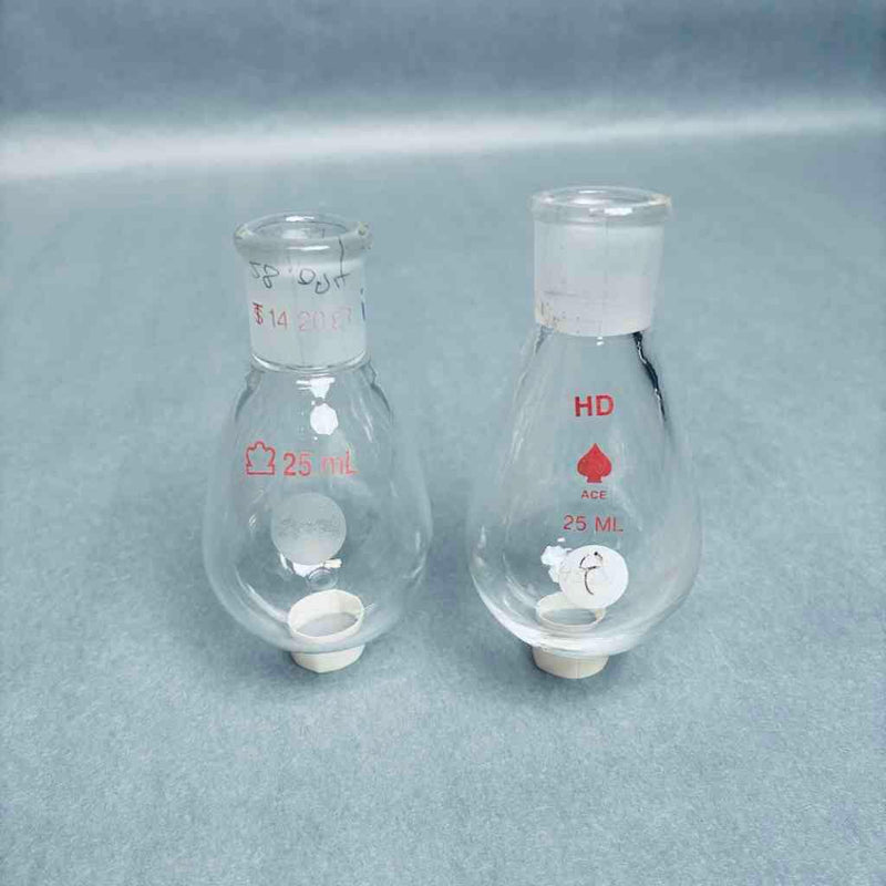 Assorted ACE Kontes Heavy Wall Recovery Flasks 25 ml 14/20 Outer Joint - Total of 8 Flasks Glassware Kontes
