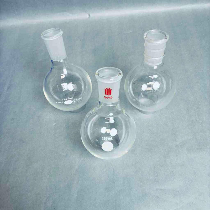 Assorted KIMAX and Synthware and Ace Round Bottom Flask 250 ml Heavy Rim 24/40 Outer Joint - Total of 5 Flasks Jointed Glassware Corning