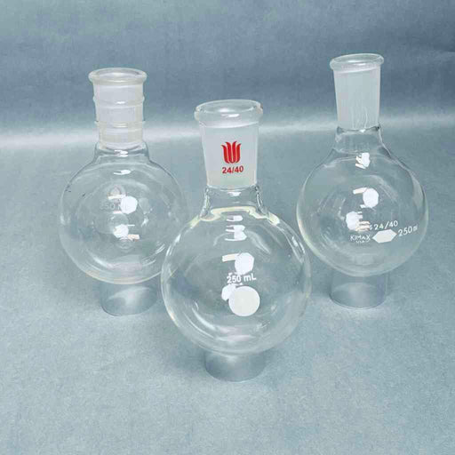 Assorted KIMAX and Synthware and Ace Round Bottom Flask 250 ml Heavy Rim 24/40 Outer Joint - Total of 5 Flasks Jointed Glassware Corning