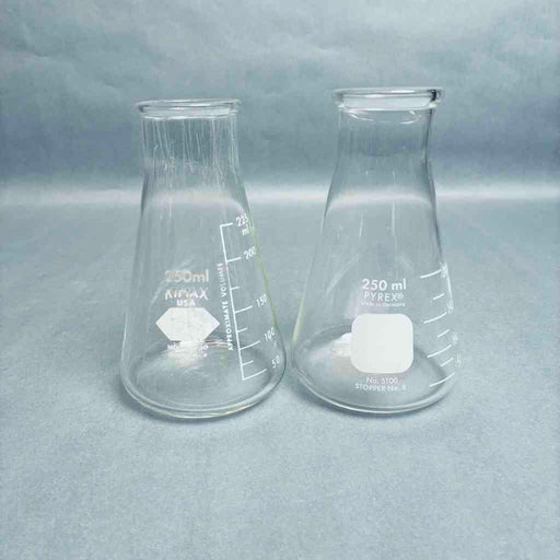 Assorted PYREX and Kimax Erlenmeyer Flasks 250 ml Wide Mouth Heavy Duty Rim Stopper No. 8 - Total of 6 Flasks Lab Flasks Corning