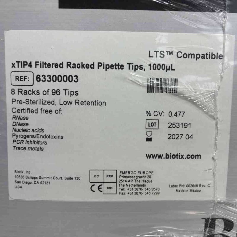 Biotix Pipette Tips XTIP4 1000 ul Low Retention Filter Sterile Case of 40 Racks Pipets & Pipette Tips Biotix