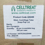 Celltreat Centrifuge Tube 50 ml Snap Pop Lid Sterile Case of 500 Tubes Centrifuge Tubes Celltreat