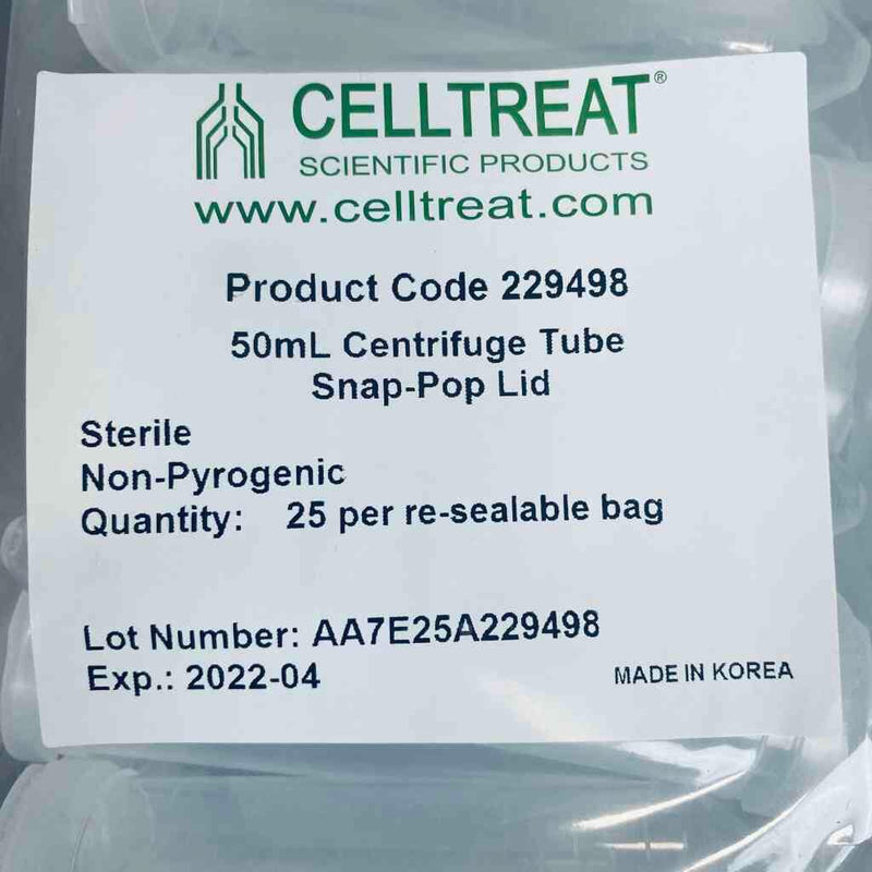 Celltreat Centrifuge Tube 50 ml Snap Pop Lid Sterile Case of 500 Tubes Centrifuge Tubes Celltreat