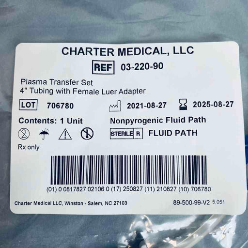 Charter Medical Plasma Transfer Set 4 in. Tubing with Female Luer Adapter Total of 93 Units Life Sciences Trading