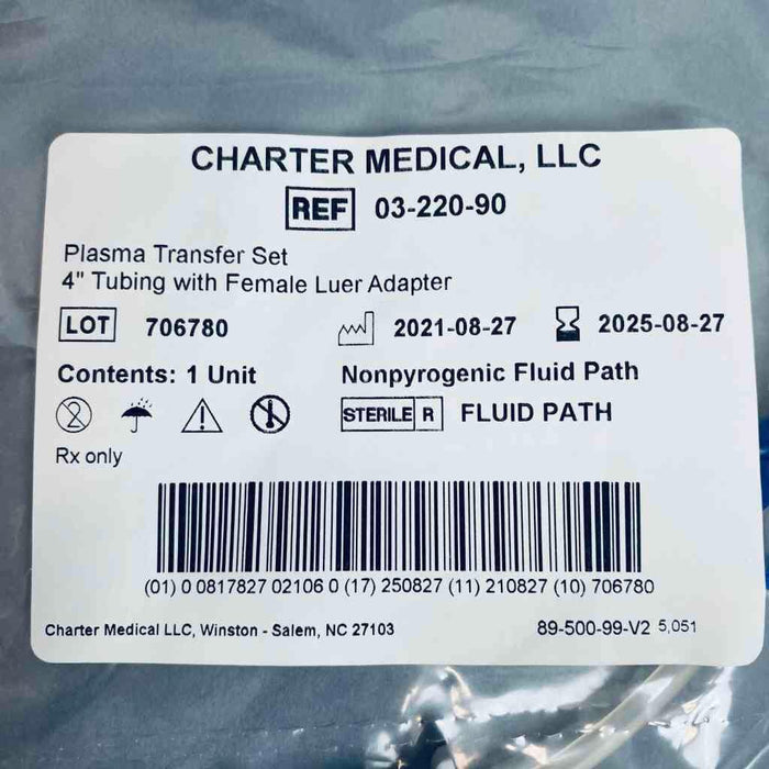 Charter Medical Plasma Transfer Set 4 in. Tubing with Female Luer Adapter Total of 93 Units Life Sciences Trading