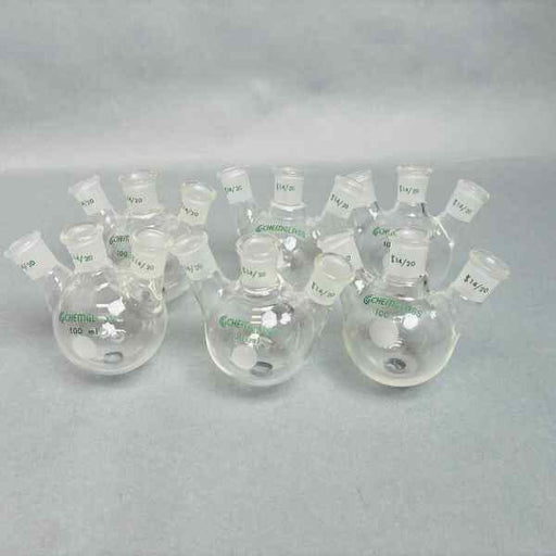 Chemglass 100 ml 3-Neck Flask Heavy Wall 14/20 Outer Joint Set of 6 Glassware Chemglass