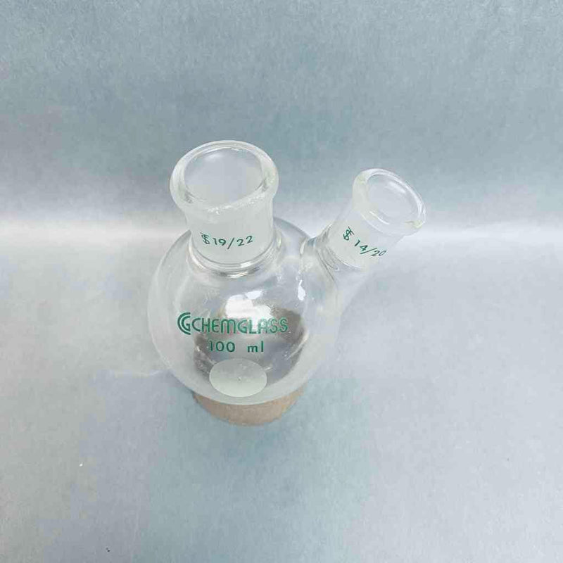Chemglass 2 Neck Heavy Wall Round Bottom Flask 19/22 CN 14/20 SN 100 ml Angled Jointed Glassware Chemglass