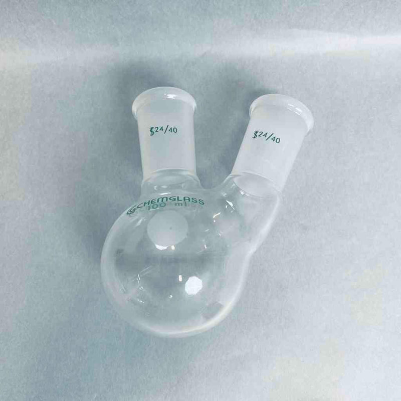 Chemglass 2 Neck Heavy Wall Round Bottom Flask 24/40 Joints 100 ml Angled Jointed Glassware Chemglass