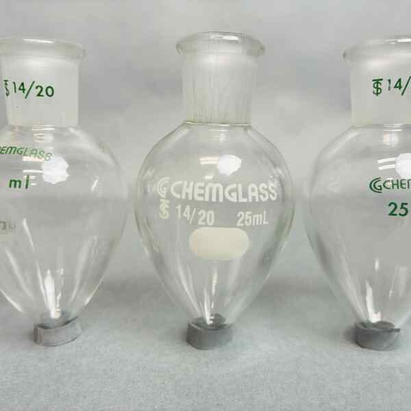 Chemglass 25 ml Pear Shaped Flask Heavy Wall 14/20 Outer Joint Set of 6 Glassware Chemglass