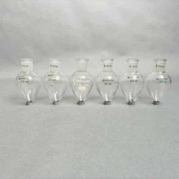 Chemglass 25 ml Pear Shaped Flask Heavy Wall 14/20 Outer Joint Set of 6 Glassware Chemglass