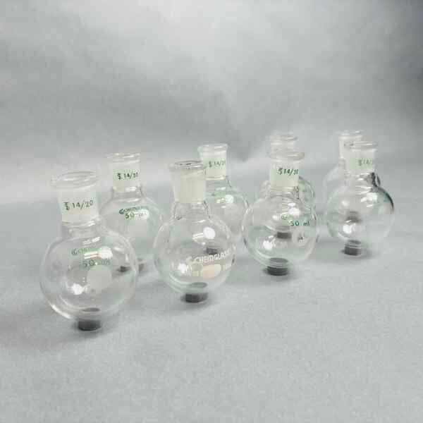 Chemglass 50 ml Round Bottom Flask 14/20 Outer Joint Set of 8 Glassware Chemglass