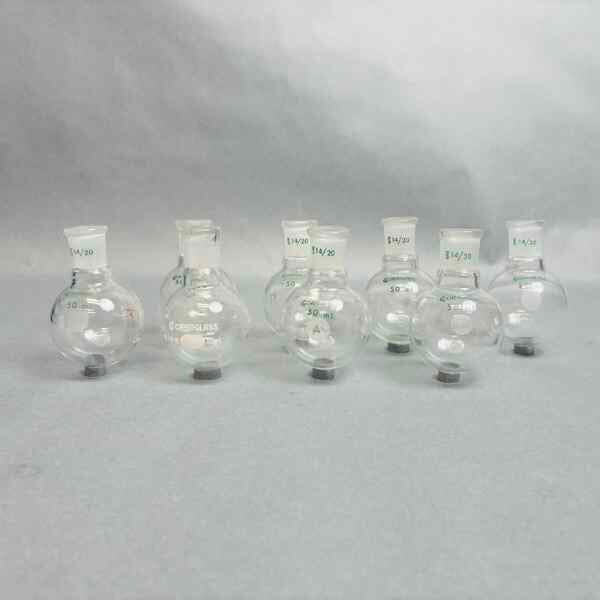 Chemglass 50 ml Round Bottom Flask 14/20 Outer Joint Set of 8 Glassware Chemglass