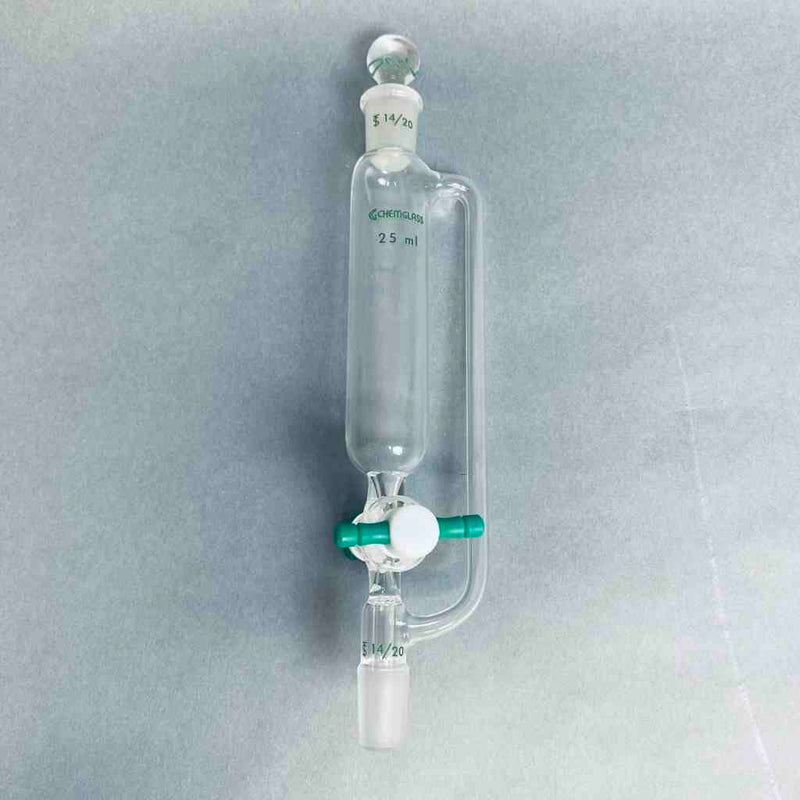 Chemglass Addition Funnel 25 ml 14/20 Joint PTFE Stopcock with 14/20 Stopper Jointed Glassware Chemglass