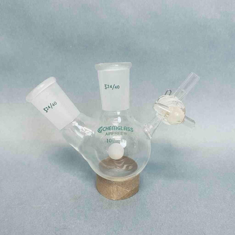 Chemglass Airfree Schlenk Round Bottom Flask 100 ml 2 Neck with 24/40 Joints Jointed Glassware Chemglass
