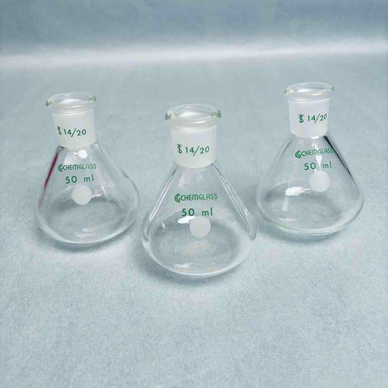 Chemglass Apollo Single Neck Flask 50 ml Heavy Wall 14/20 Outer Joint - Lot of 3 Flasks Lab Flasks Chemglass