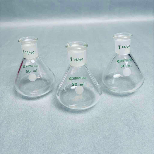 Chemglass Apollo Single Neck Flask 50 ml Heavy Wall 14/20 Outer Joint - Lot of 3 Flasks Lab Flasks Chemglass