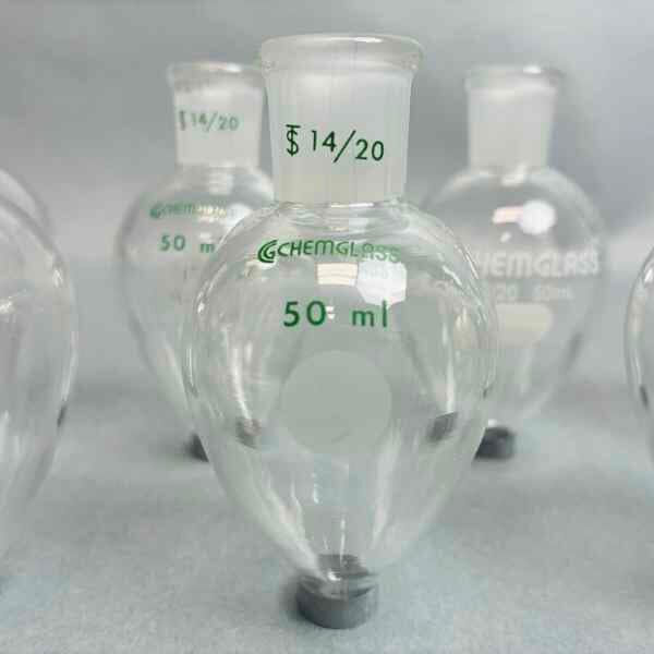 Chemglass CG-1554-28 50 ml Pear Shaped Flask 14/20 Outer Joint Set of 8 Glassware Chemglass