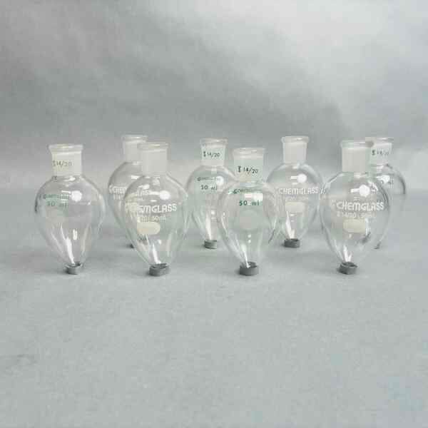 Chemglass CG-1554-28 50 ml Pear Shaped Flask 14/20 Outer Joint Set of 8 Glassware Chemglass