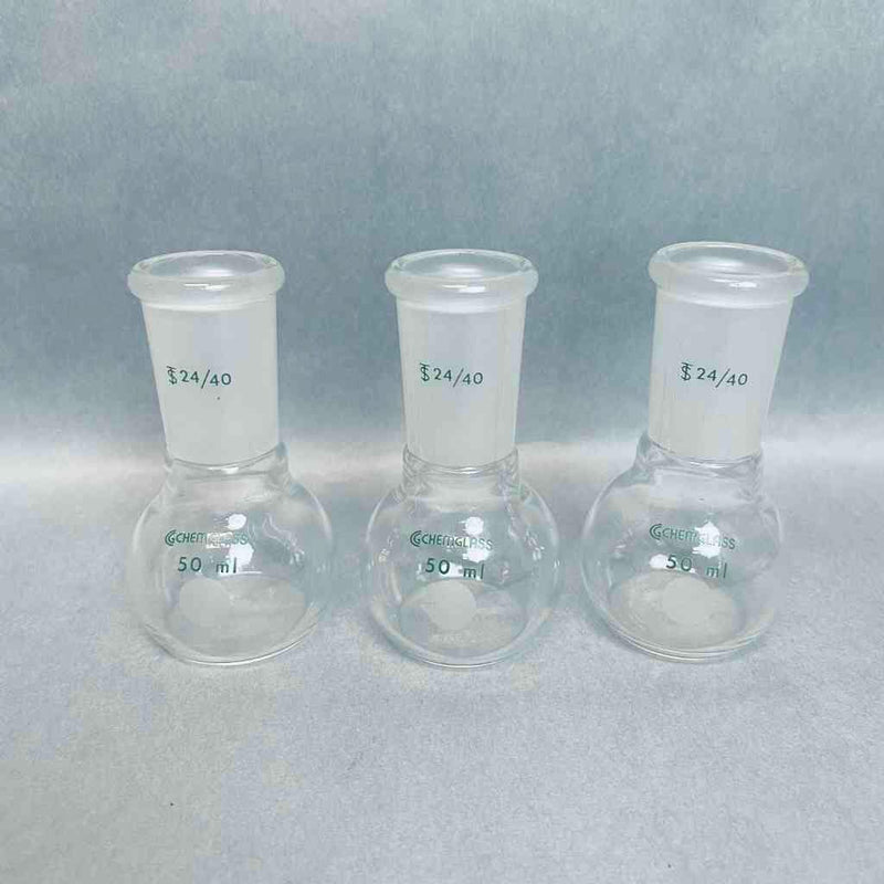 Chemglass Flat Bottom Flask 50 ml 24/40 Single Neck Lot of 3 Flasks Jointed Glassware Chemglass