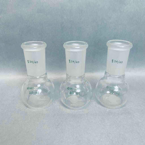 Chemglass Flat Bottom Flask 50 ml 24/40 Single Neck Lot of 3 Flasks Jointed Glassware Chemglass