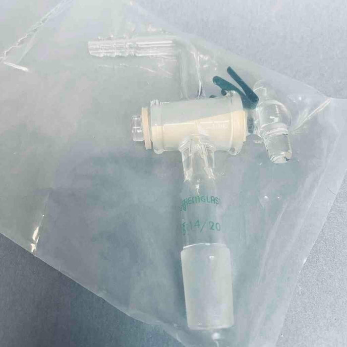 Chemglass Flow Control Adapter 14/20 Lower Hose Barb Upper with Glass Stopcock Jointed Glassware Chemglass