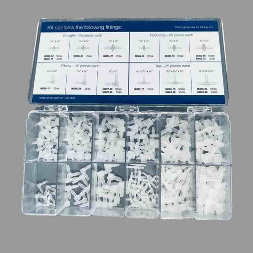 Chemglass Miniature Barbed Polypropylene Fittings Kit Includes Straight, Elbow, Tee, and Reducing Fittings 240 Pieces Other Fittings & Adapters Chemglass