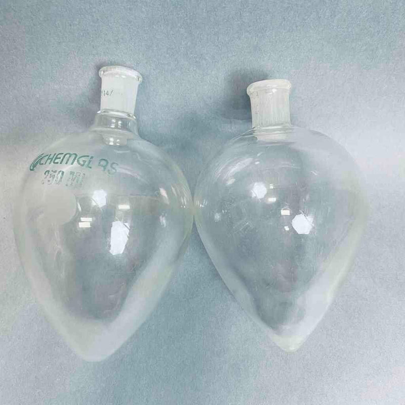 Chemglass Pear Shaped Boiling Flask 250 ml 14/20 Joint Lot of 2 Flasks Jointed Glassware Chemglass