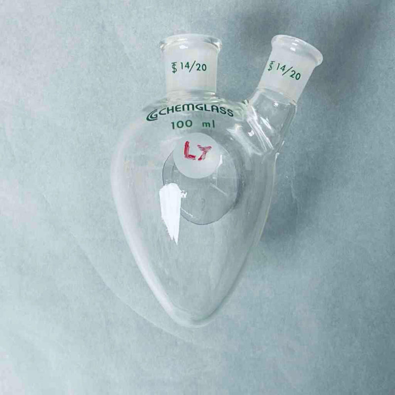 Chemglass Pear Shaped Flask 100 ml Heavy Wall 2-Neck CN-14/20 SN-14/20 - Lot of 4 Flasks Jointed Glassware Chemglass
