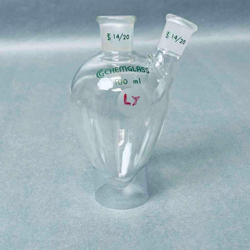 Chemglass Pear Shaped Flask 100 ml Heavy Wall 2-Neck CN-14/20 SN-14/20 - Lot of 4 Flasks Jointed Glassware Chemglass