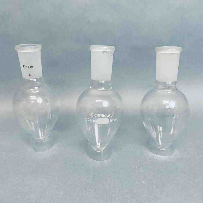 Chemglass Pear Shaped Flask 100 ml Heavy Wall 24/40 Outer Joint Lot of 3 Flasks Lab Flasks Chemglass