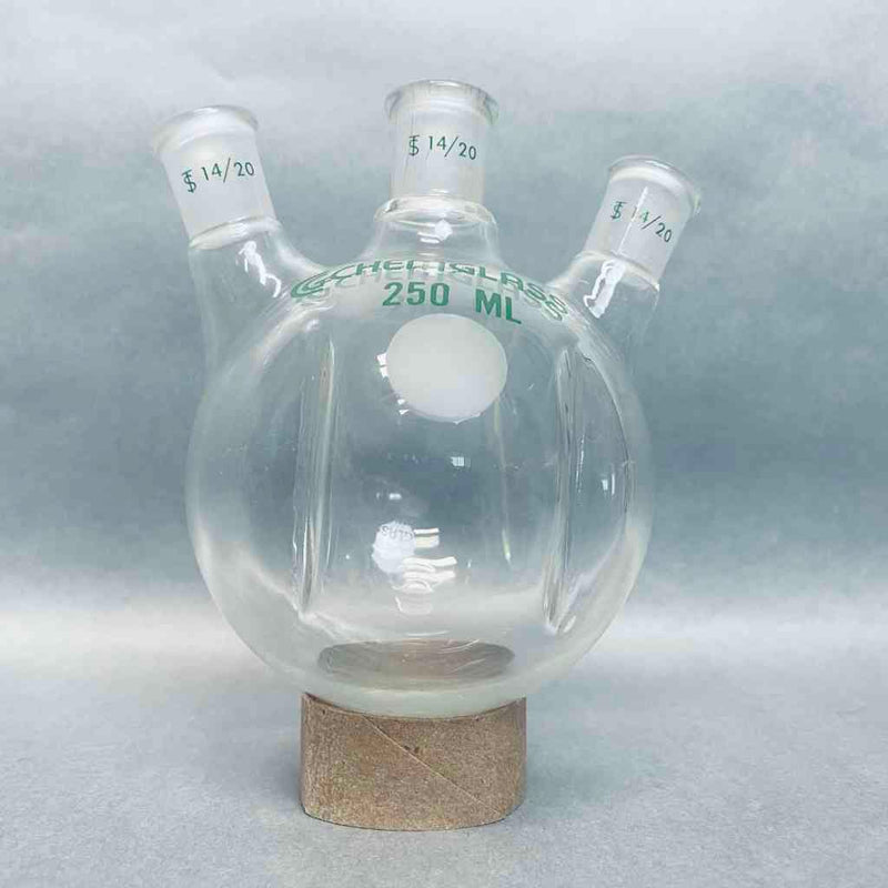 Chemglass Round Bottom 250 ml 3 Neck Flask 14/20 STJ Angled with Morton Indents Jointed Glassware Chemglass