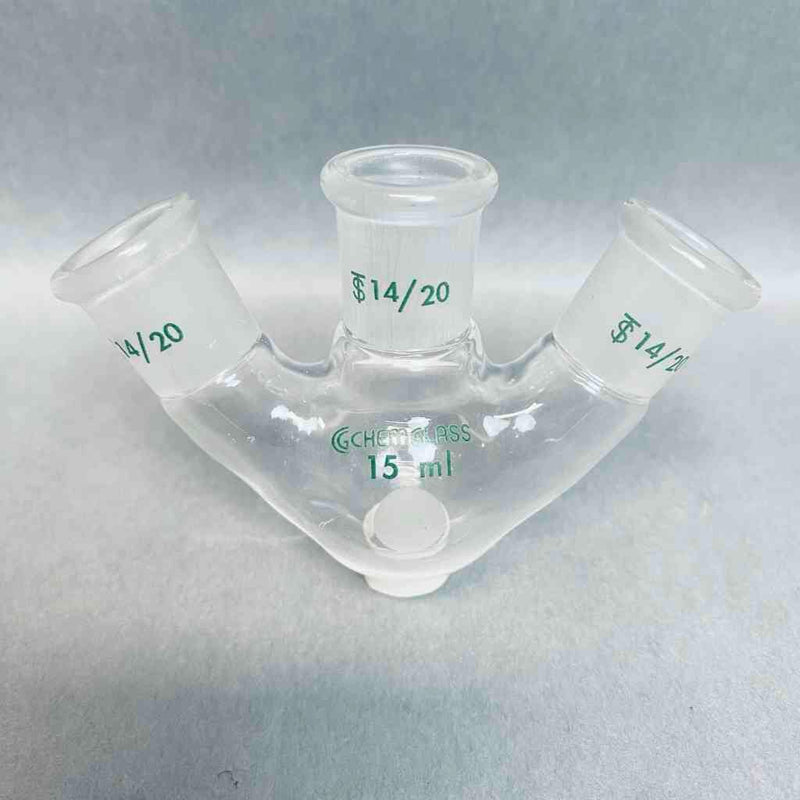 Chemglass Round Bottom Flask 15 ml Heavy Wall 3-Neck 14/20 Joints Angled Jointed Glassware Chemglass