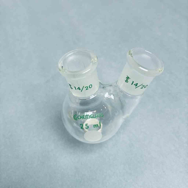 Chemglass Round Bottom Flask 2 Neck 25 ml 14/20 Outer Joints Lot of 2 Flasks Jointed Glassware Chemglass