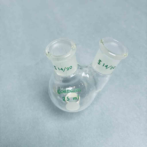 Chemglass Round Bottom Flask 2 Neck 25 ml 14/20 Outer Joints Lot of 2 Flasks Jointed Glassware Chemglass