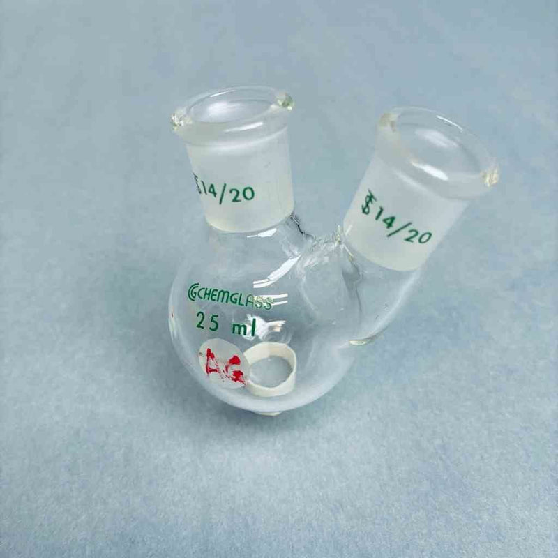 Chemglass Round Bottom Flask 2 Neck 25 ml 14/20 Outer Joints Lot of 2 Flasks Jointed Glassware Chemglass