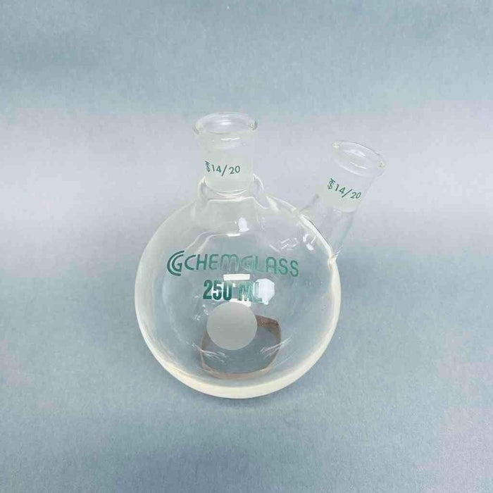 Chemglass Round Bottom Flask 2 Neck 250 ml 14/20 Joints Angled Neck Jointed Glassware Chemglass