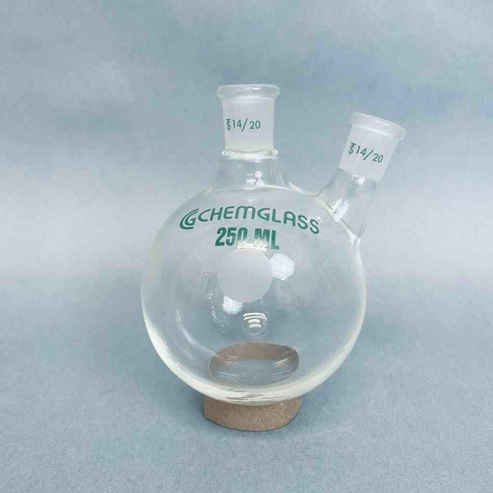 Chemglass Round Bottom Flask 2 Neck 250 ml 14/20 Joints Angled Neck Jointed Glassware Chemglass
